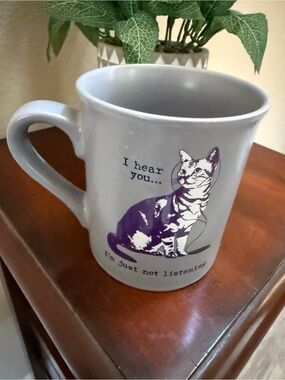 New Fringe Studio Gray Cat Mug -“I hear you …I’m just not listening”.
